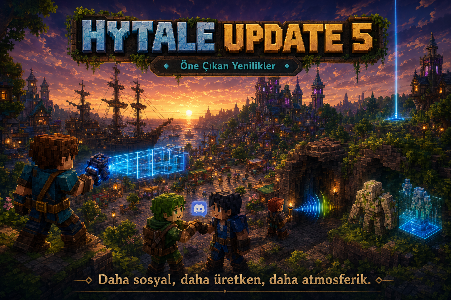 Hytale Update 5 için hazırlanmış, gün batımında büyük bir şehir manzarası içinde güncelleme yeniliklerini tek ana sahnede gösteren sinematik tanıtım görseli.