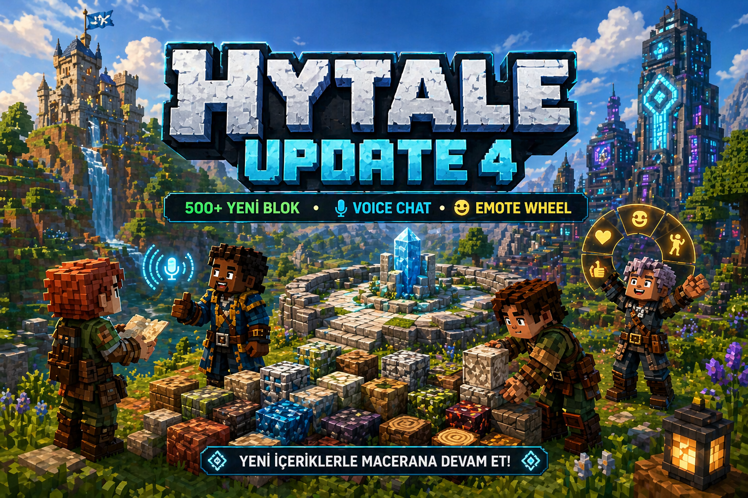 Hytale Update 4 görseli, Hytale güncellemesi ile gelen yeni bloklar, Creative Mode yenilikleri, voice chat ve emote wheel özelliklerini gösteriyor.