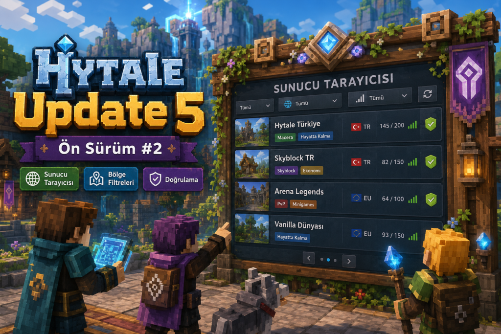 Hytale Update 5 Ön Sürüm #2 görseli, sunucu tarayıcısı, bölge filtreleri ve doğrulama sistemi tanıtımı