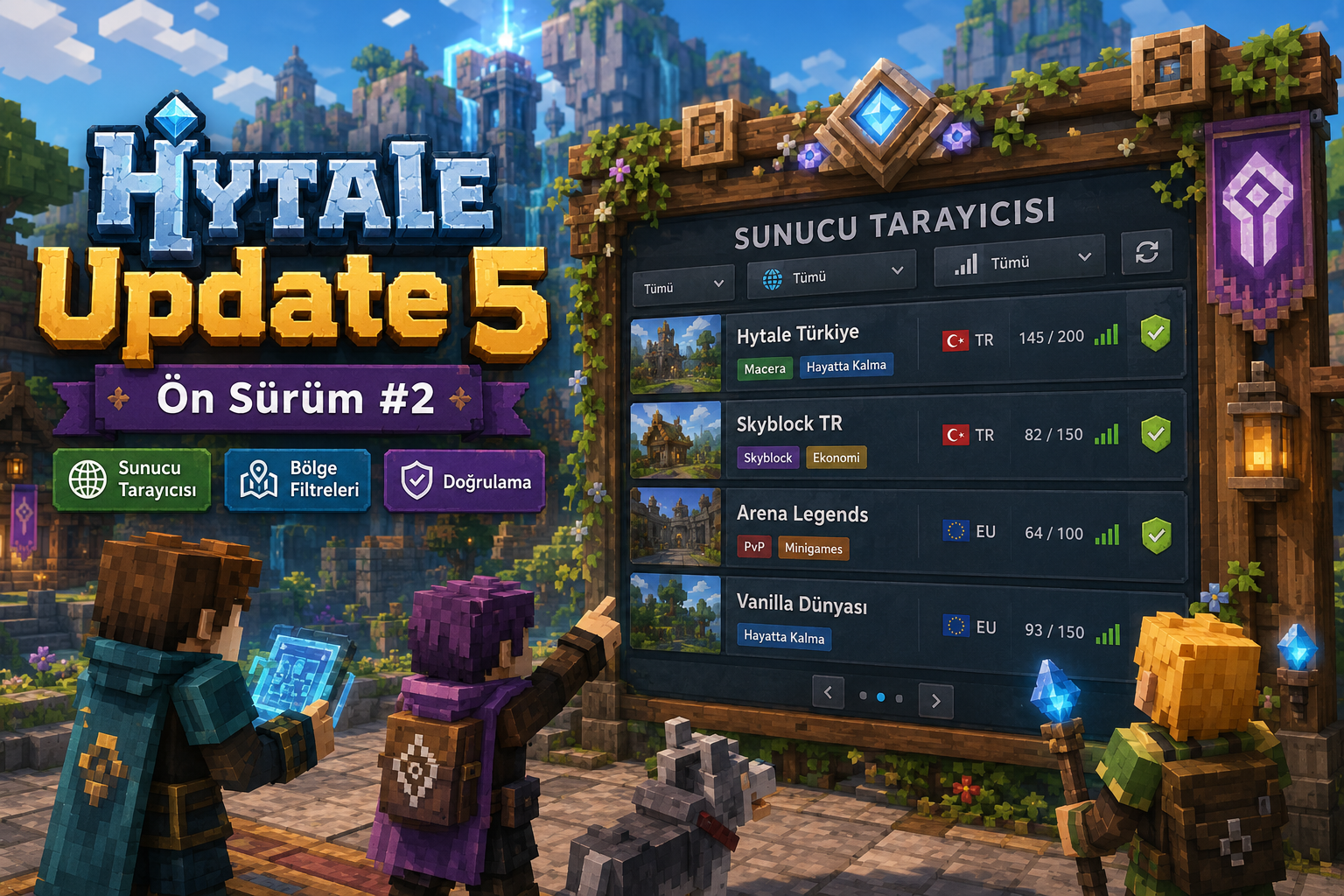 Hytale Update 5 Ön Sürüm #2 görseli, sunucu tarayıcısı, bölge filtreleri ve doğrulama sistemi tanıtımı
